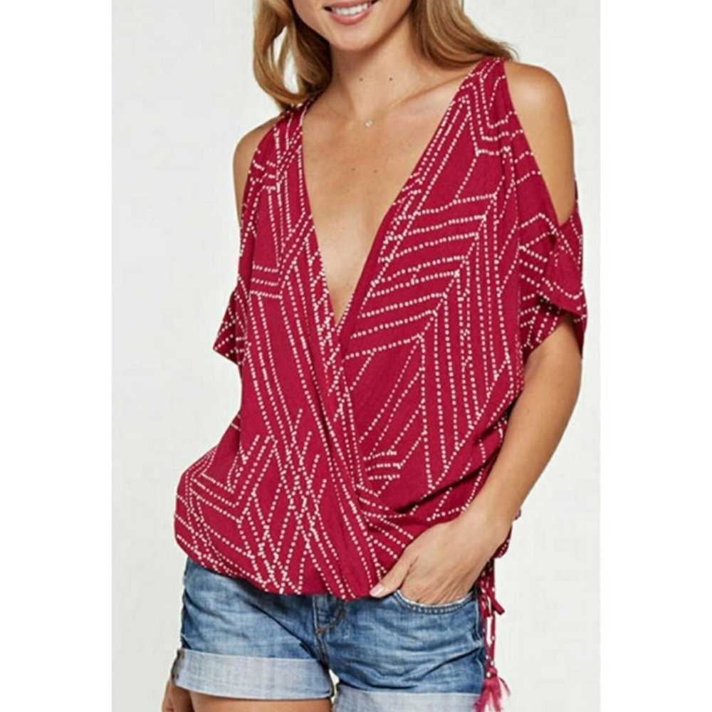 Lovestitch Cold Shoulder Dotted Top Side Tie V-Neckline Popover Wrap Blouse